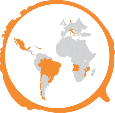 Mapa-múndi com os países atendidos